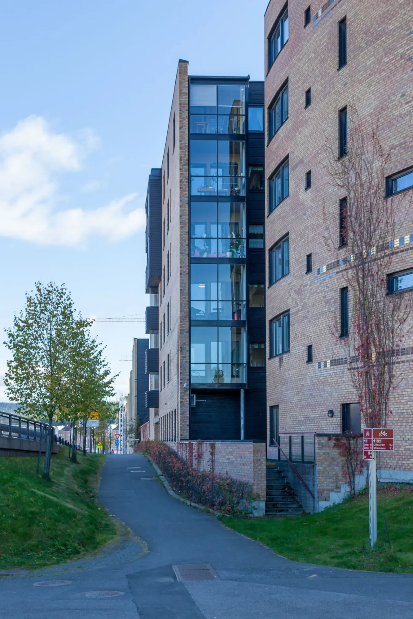 rolvsrudhjemmet, sykehjem og omsorgsboliger. Fasade i lys brun tegl og detaljer i varierte farger.