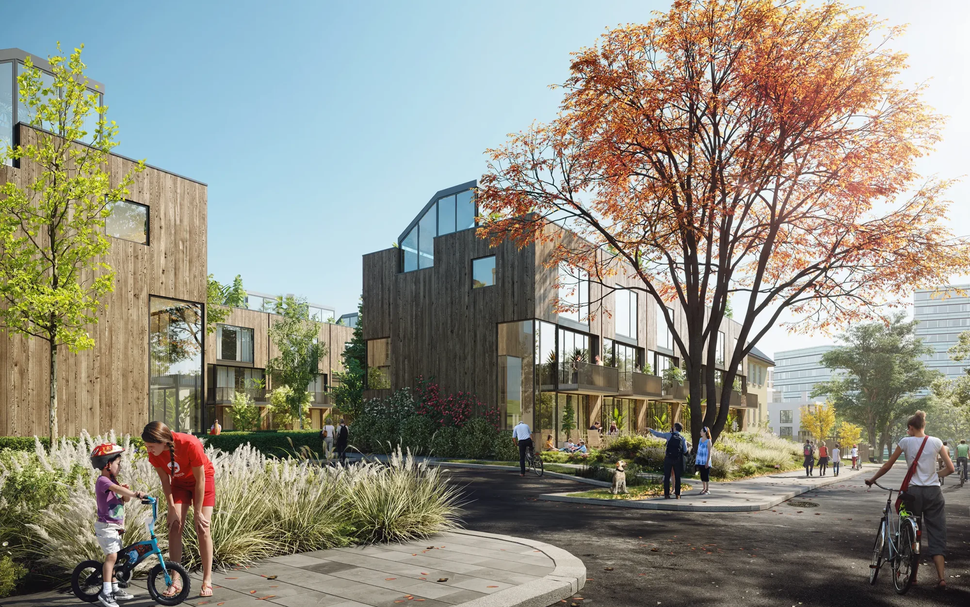 Slemdalsveien, Oslo. Ny boligbebyggelse, med rekkehus og leiligheter, barnehage og næringsarealer, i nærheten av Sognsvannbekken.