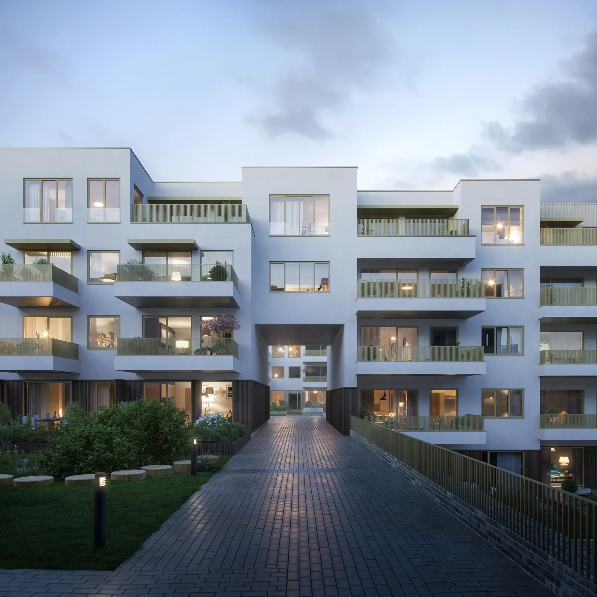 Landåstoppen. Boligbebyggelse i hvit puss, inspirert av boligarkitektur fra 1920-tallet, kjent for sitt modernistiske, lyse og naturnære preg.