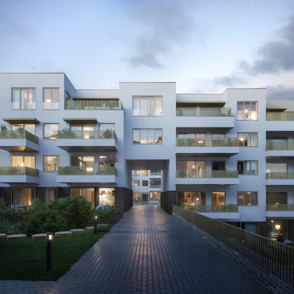 Landåstoppen. Boligbebyggelse i hvit puss, inspirert av boligarkitektur fra 1920-tallet, kjent for sitt modernistiske, lyse og naturnære preg.