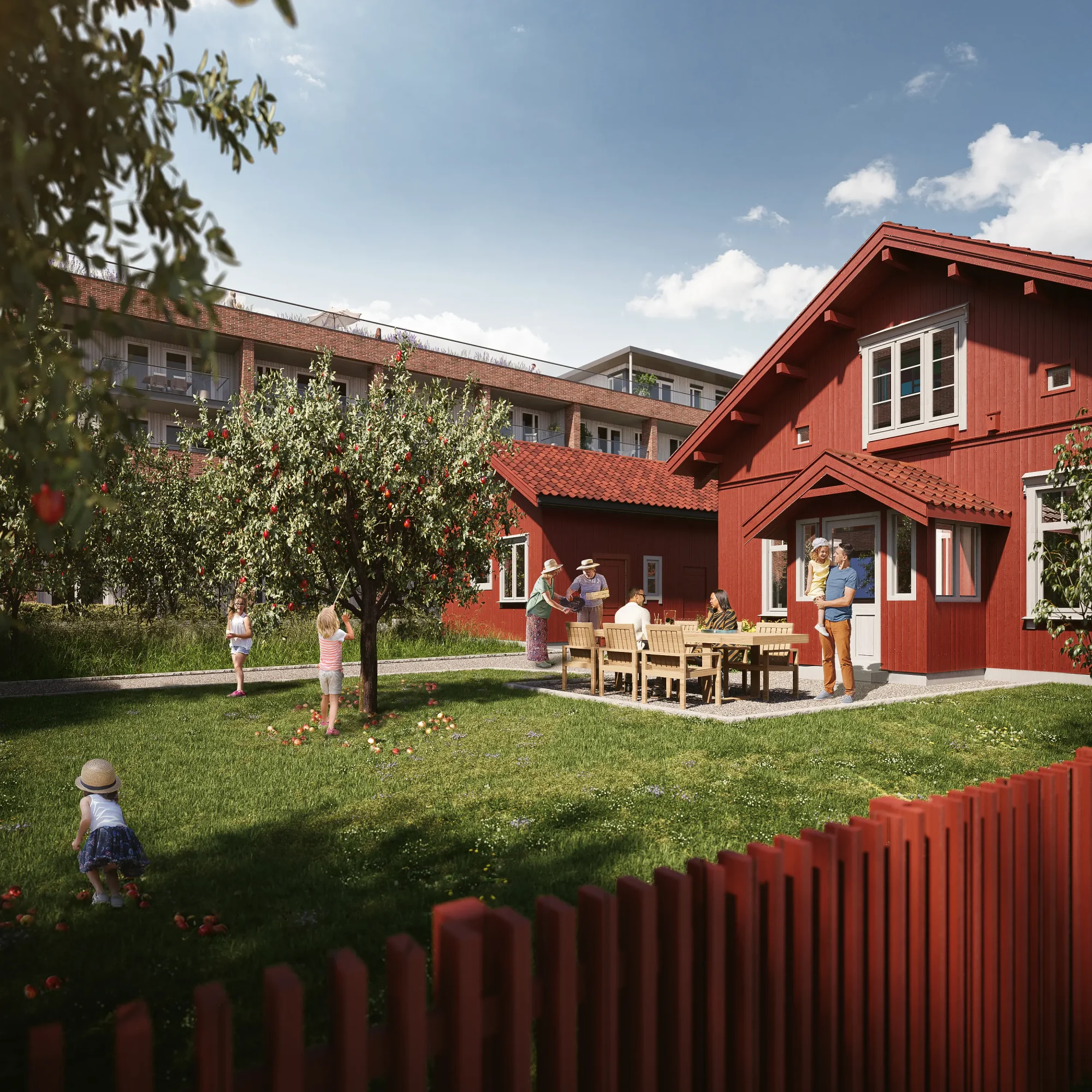 smedens hage, professor kohts vei på Stabekk. Rød tegl binder bebyggelsen sammen. Lilleholtet - de verneverdige byggene - er ilagt fellesfunksjoner og hage, til glede for beboere og besøkende.