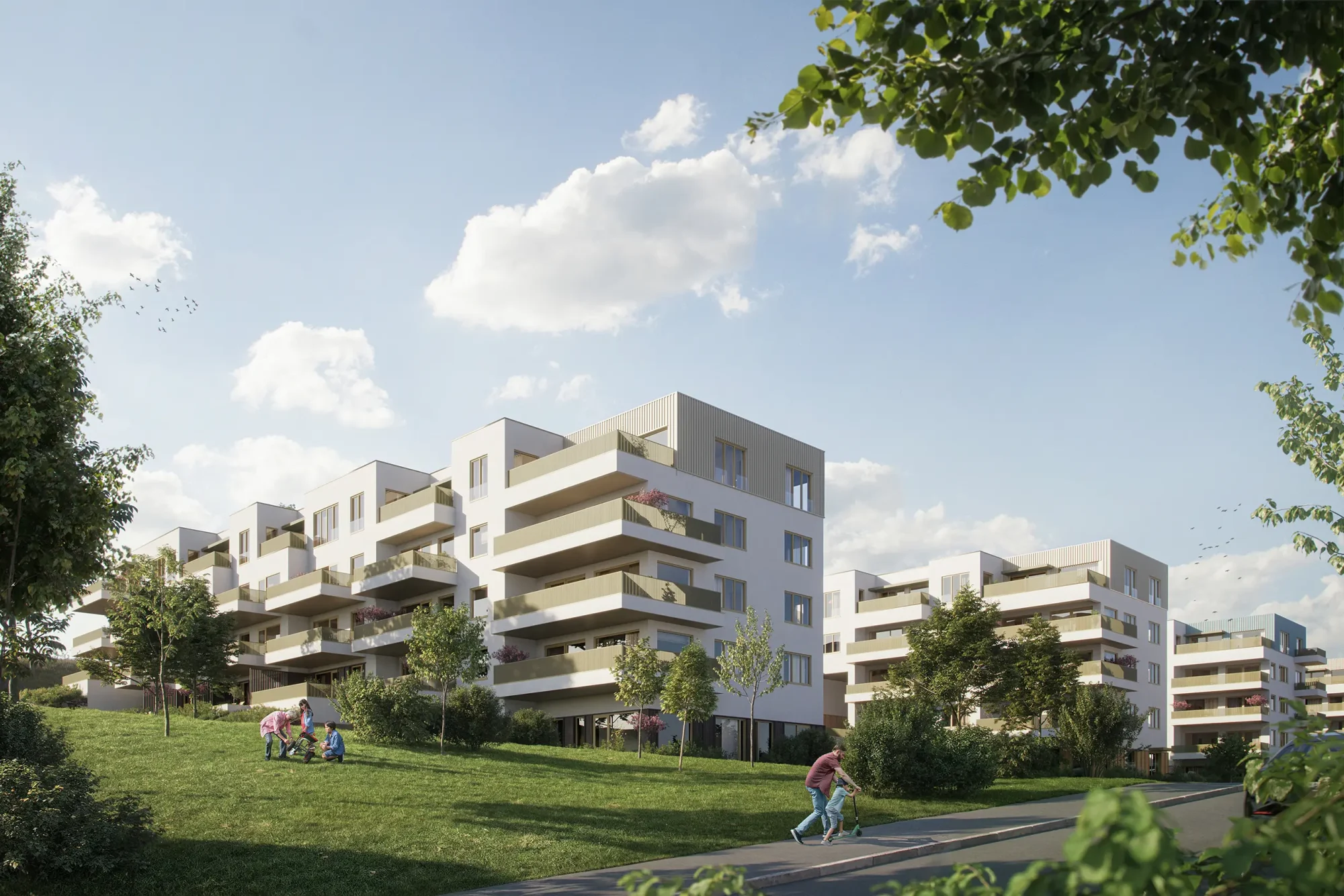 Landåstoppen. Boligbebyggelse i hvit puss, inspirert av boligarkitektur fra 1920-tallet, kjent for sitt modernistiske, lyse og naturnære preg.
