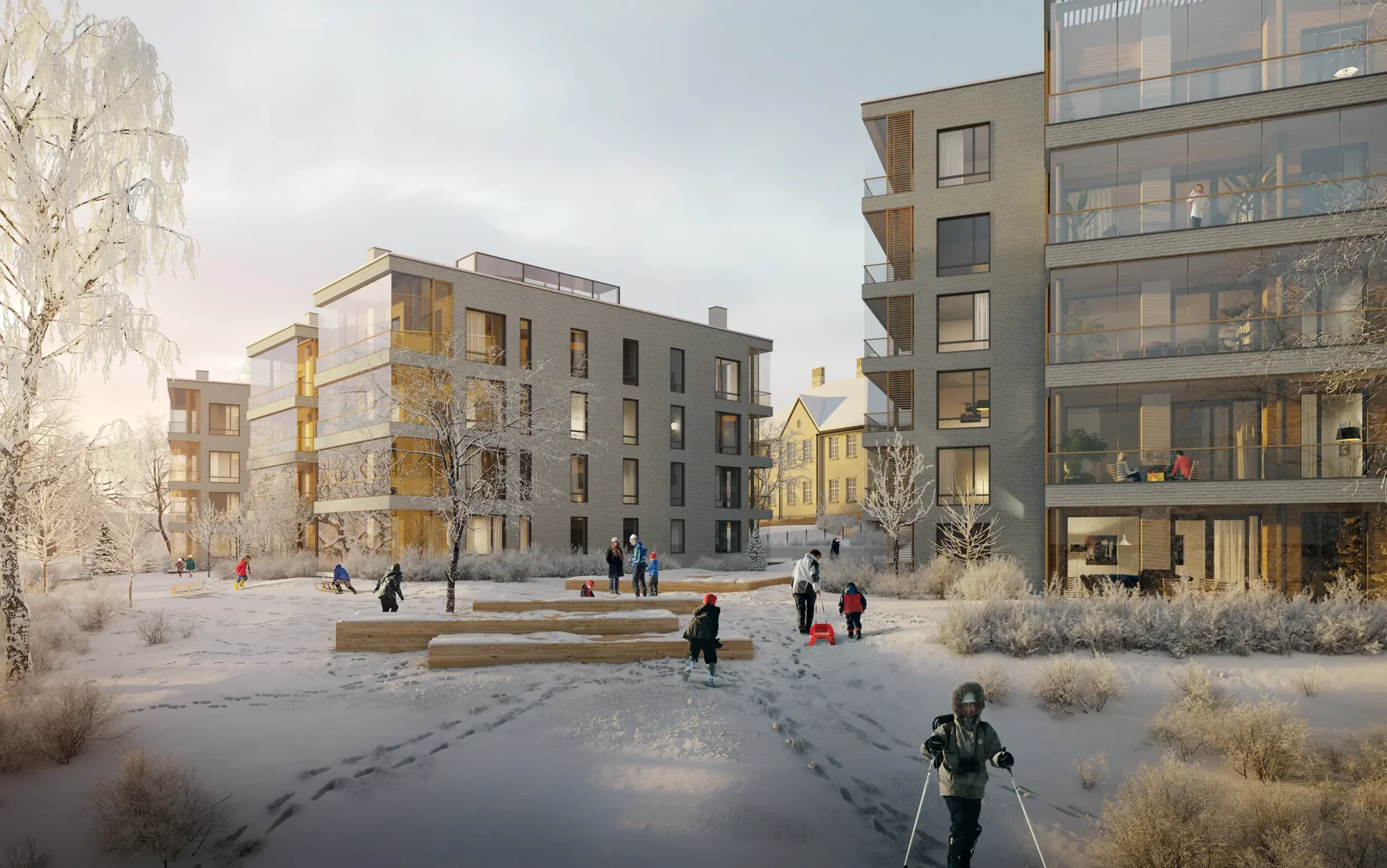 Slemdalsveien, Oslo. Ny boligbebyggelse, med rekkehus og leiligheter, barnehage og næringsarealer, i nærheten av Sognsvannbekken.