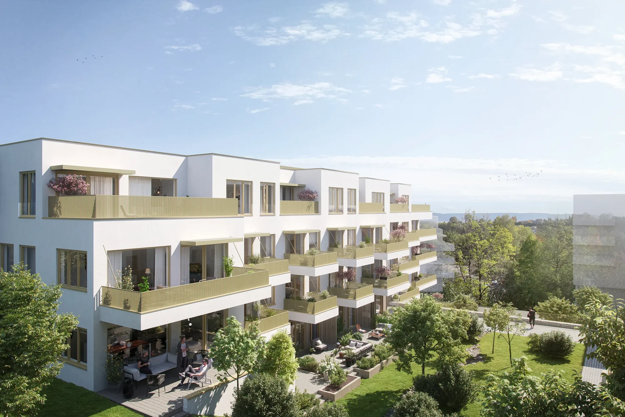 Landåstoppen. Boligbebyggelse i hvit puss, inspirert av boligarkitektur fra 1920-tallet, kjent for sitt modernistiske, lyse og naturnære preg.