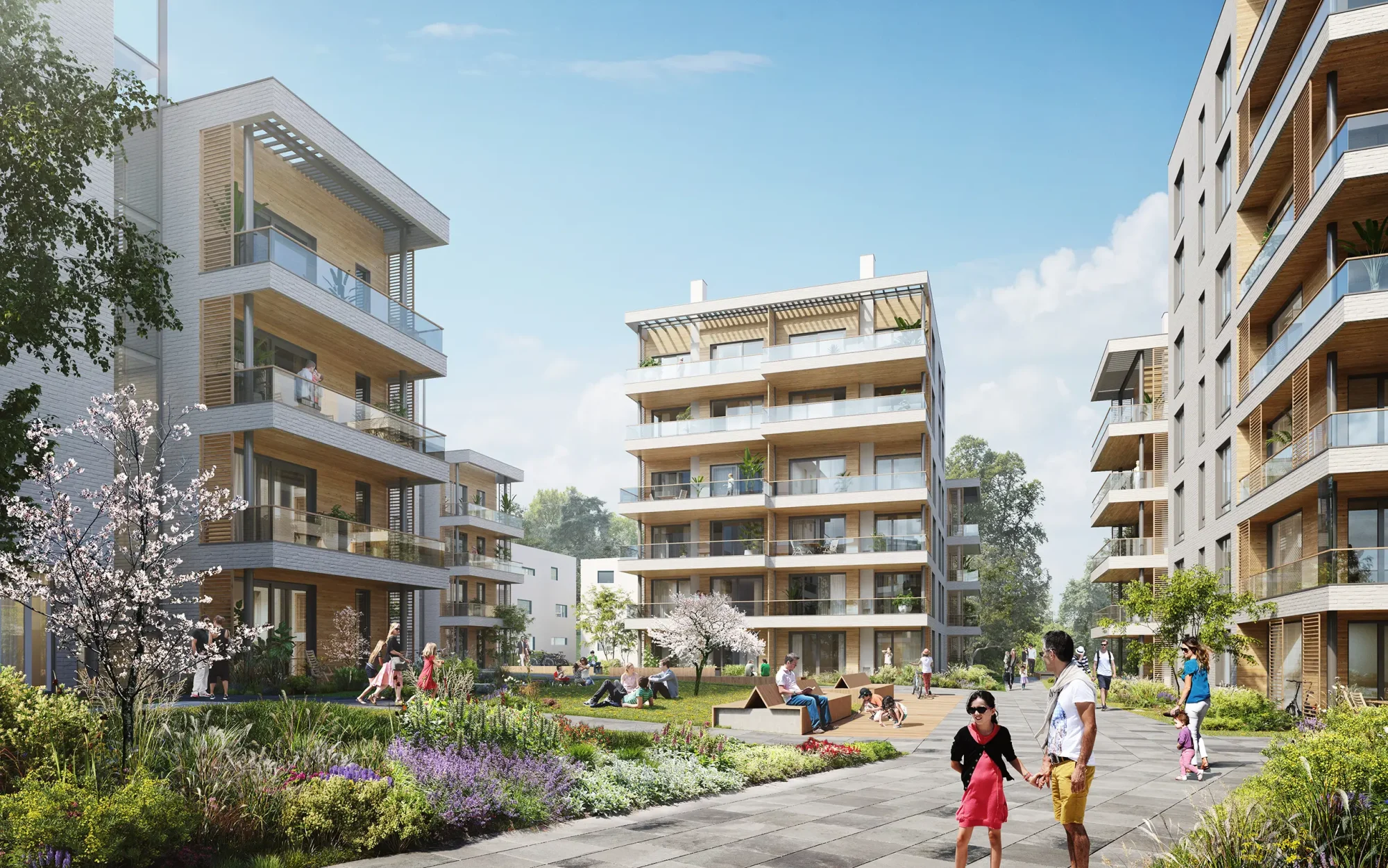 Slemdalsveien, Oslo. Ny boligbebyggelse, med rekkehus og leiligheter, barnehage og næringsarealer, i nærheten av Sognsvannbekken.