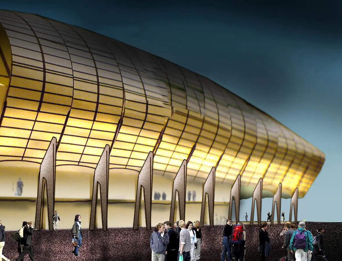 Fornebu arena, Telenor arena, Unity. Et signalbygg, som karakteriseres av en stor takduk som brer over arenaen, og kan lyssettes for å sette ulike stemninger ved diverse arrangement.