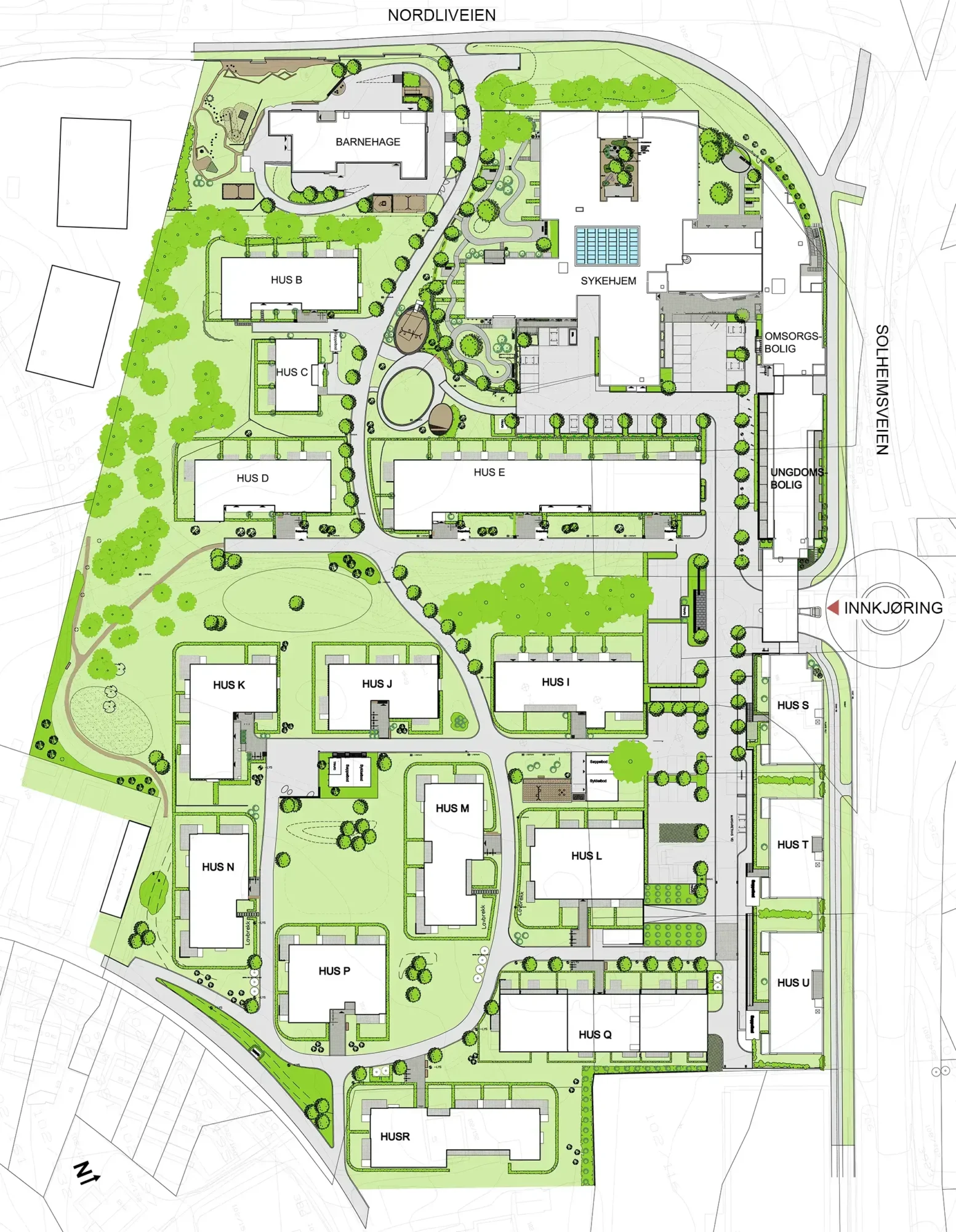 Rolvsrud park, situasjonsplan, utomhus, organisering bebyggelse